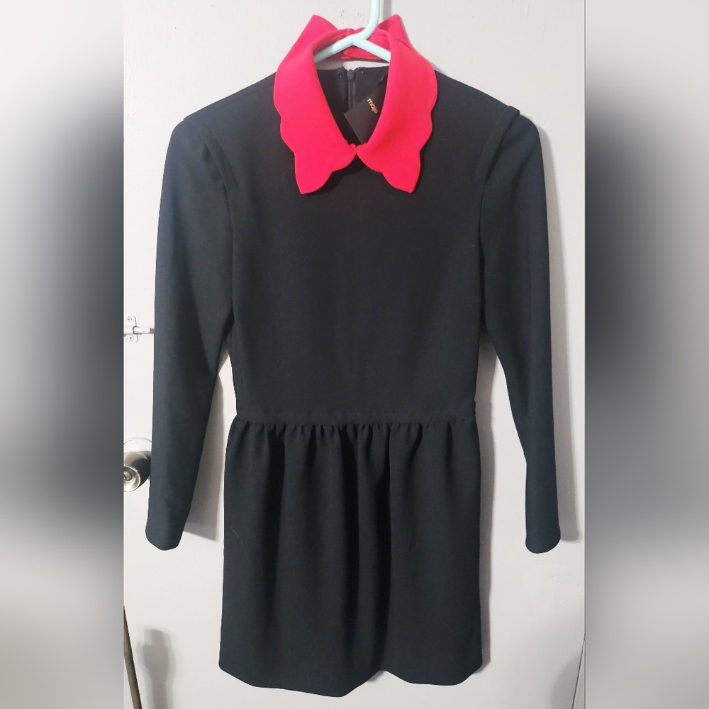 RARE NWT Womens Maje Riri Crepe Dress black w/ removeable red collar size 1